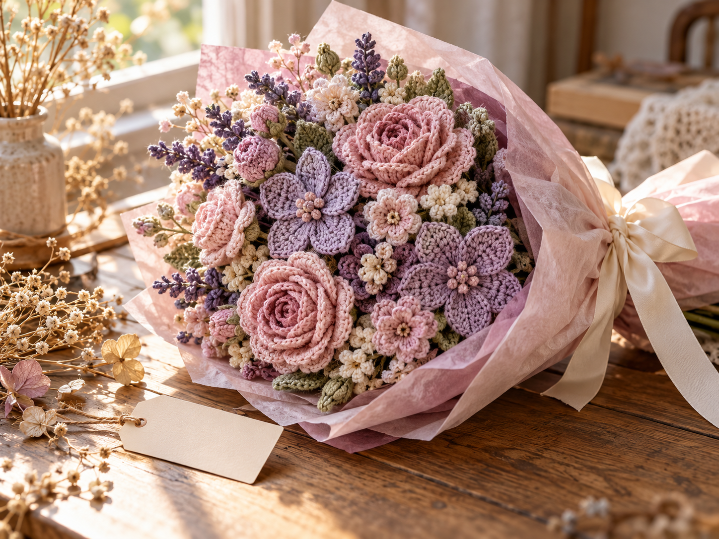 A wrapped crochet bouquet ready to give
