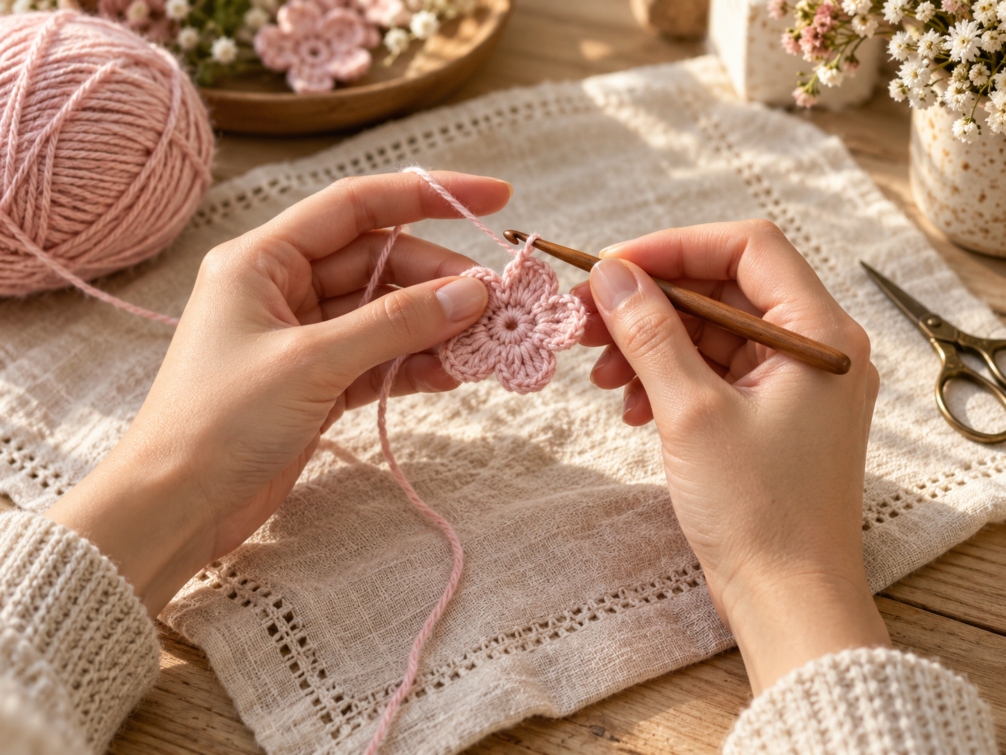 Crocheting a flower by hand